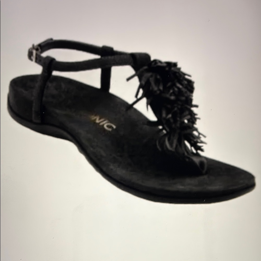 Vionic Black T-Strap Flower Accent Sandals